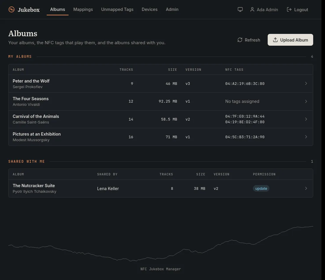 The jukebox manager in dark mode